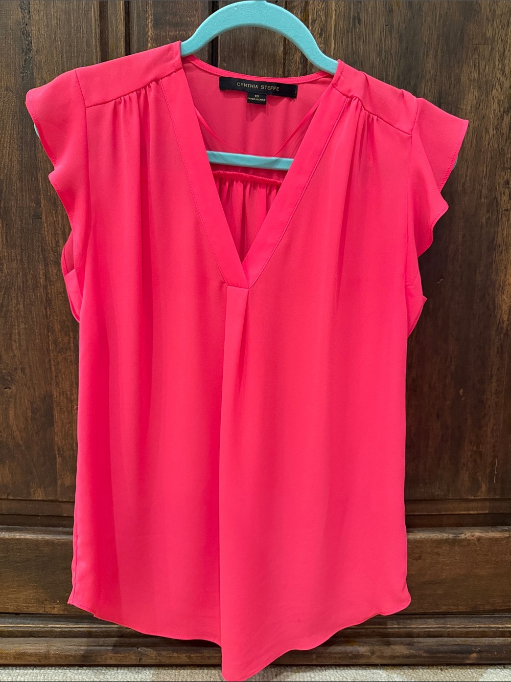 Cynthia Steffe Bright Pink Flutter Sleeve V-Neck Blouse